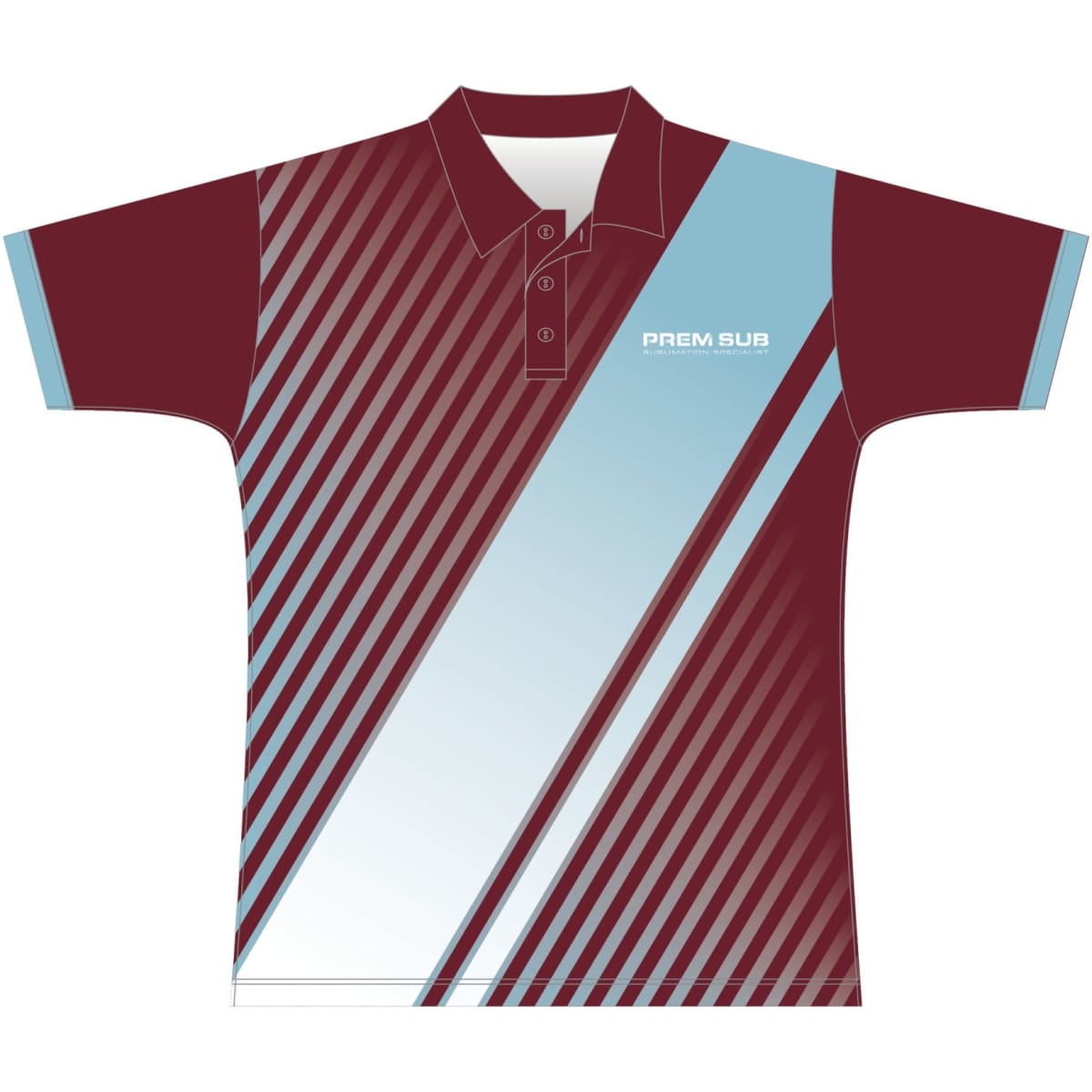 A maroon and light blue polo shirt with a modern striped design and a logo on the front.