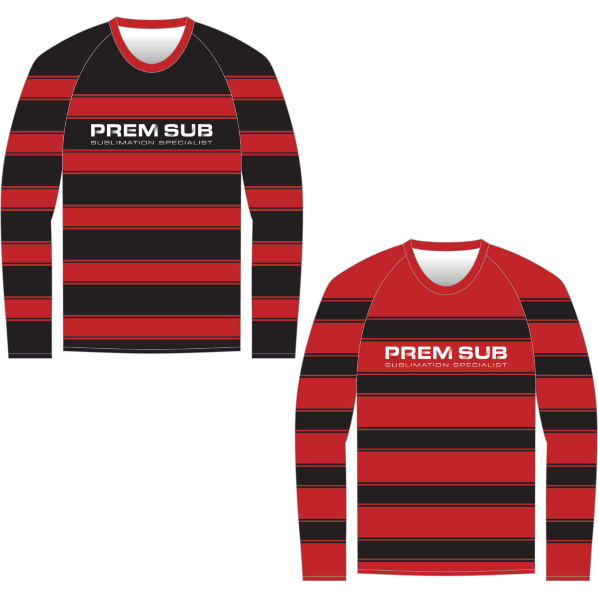 Reversible long sleeve raglan T-shirt featuring black and red stripes, with a logo on both sides.