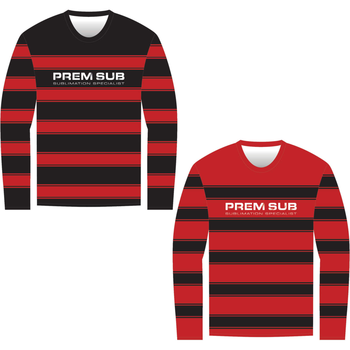 A long sleeve reversible t-shirt set featuring red and black striped designs with a logo on each shirt.
