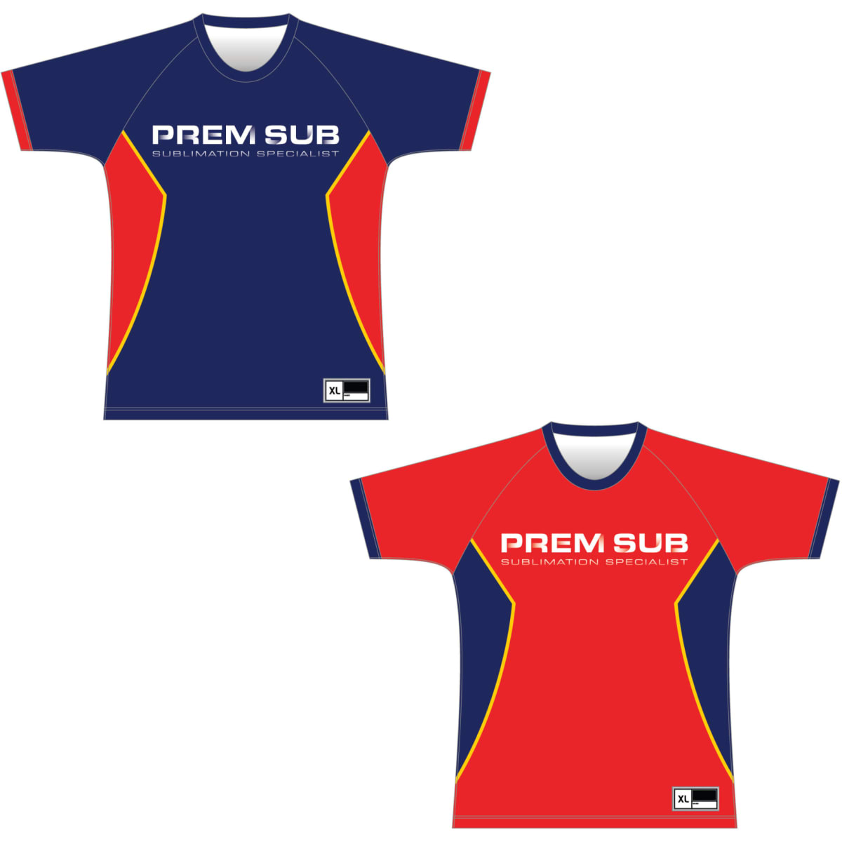 A reversible t-shirt featuring a navy side with red accents and a red side with navy accents, both with a logo.