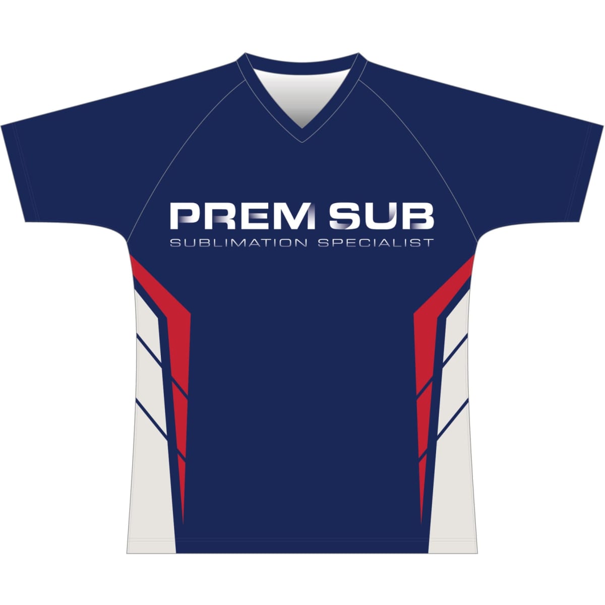 A navy blue T-shirt with a V-neck, featuring red and grey accents and a logo on the front.