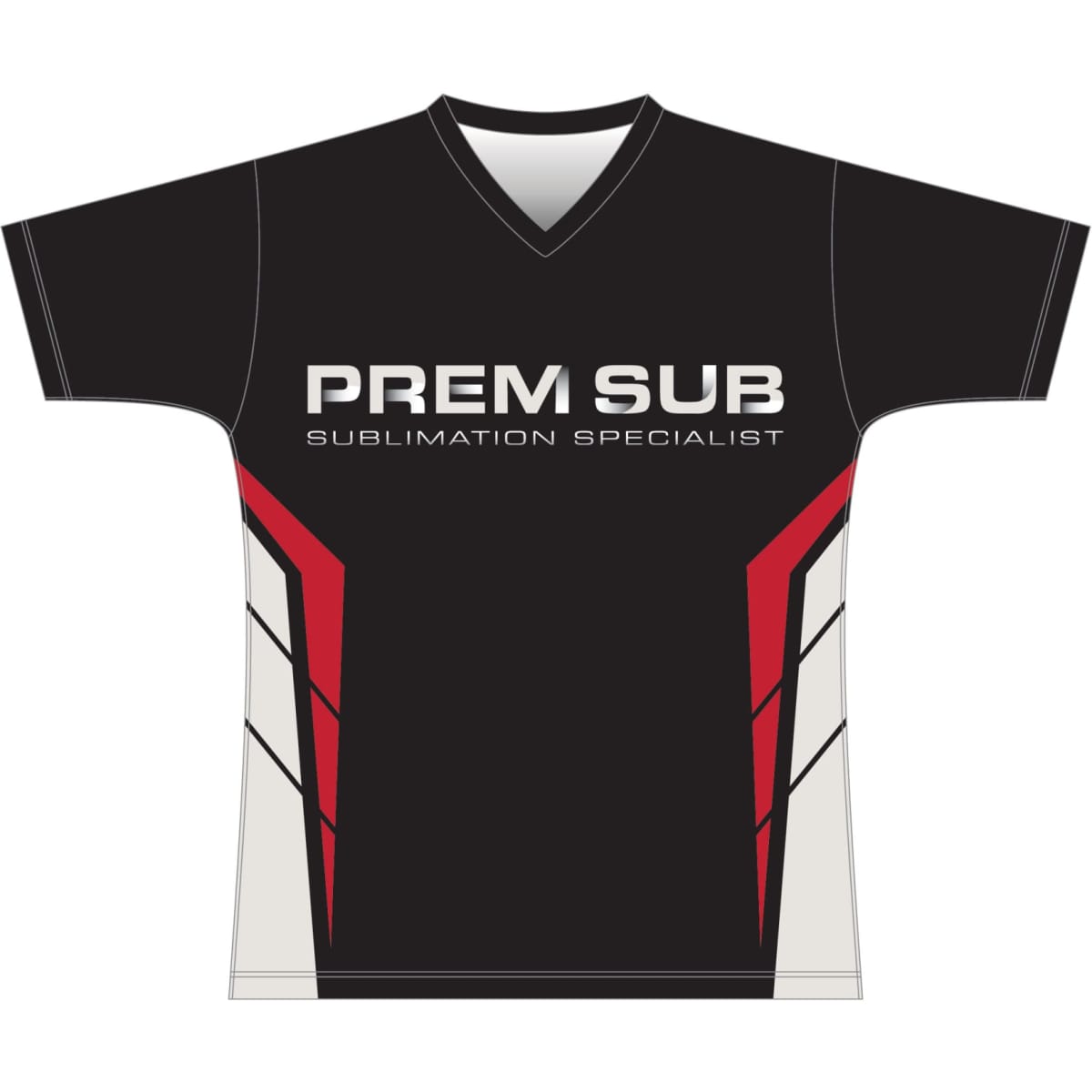 A black T-shirt featuring red and white accents, with a logo on the front.