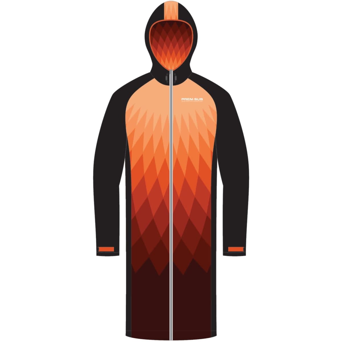 A track jacket featuring an orange and black gradient design with a hood and a logo.