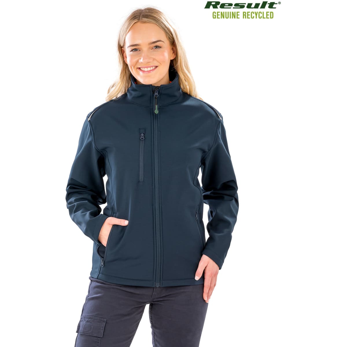 A softshell jacket in navy blue, featuring a front zip and side pockets. It has a logo on the upper left.
