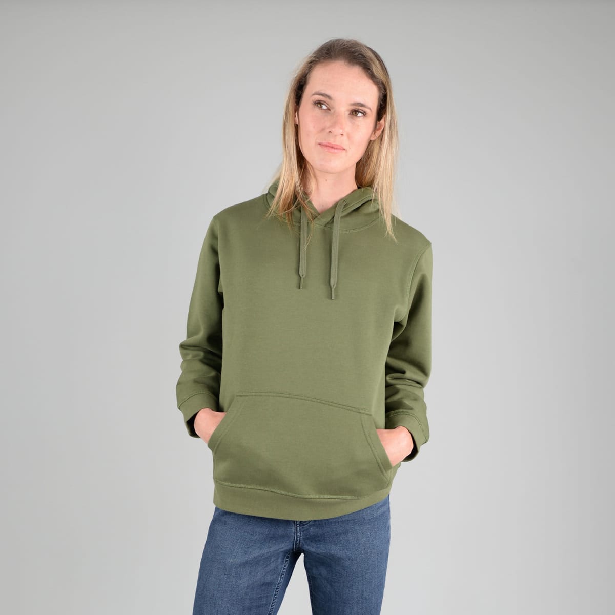 A ladies hoodie in olive green with a front pocket and a hood, featuring a branding logo.