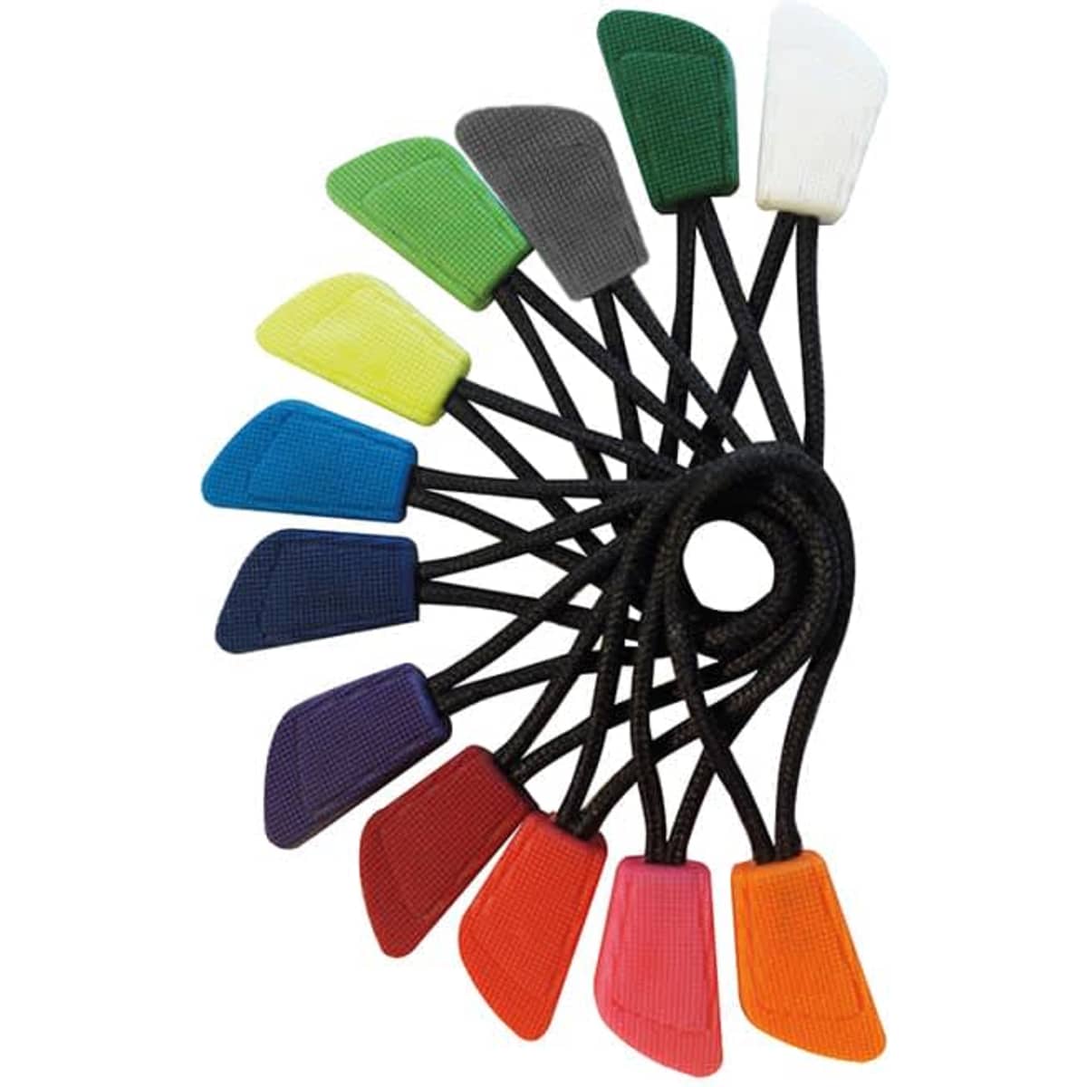 Interchangeable zip pullers in various colours, connected by black cords, arranged in a circular shape with a logo visible.