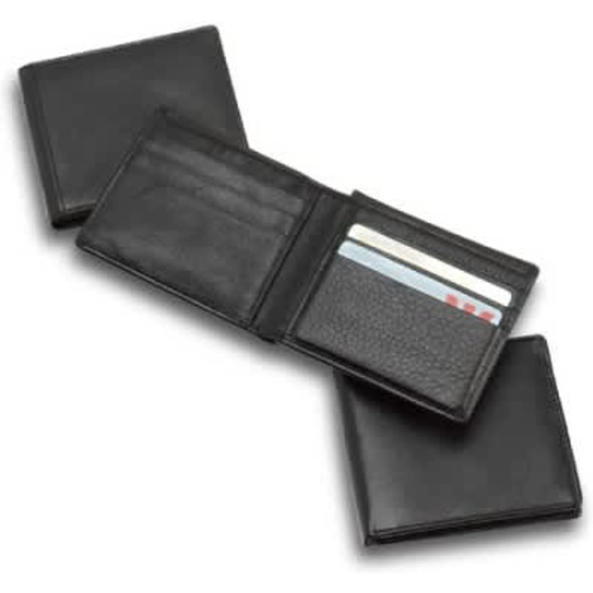 A black premium leather wallet with multiple card slots and a textured inner section, featuring a logo.