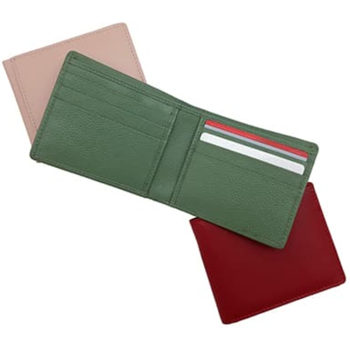 A premium leather wallet in green, pink, and red, featuring card slots and a logo.