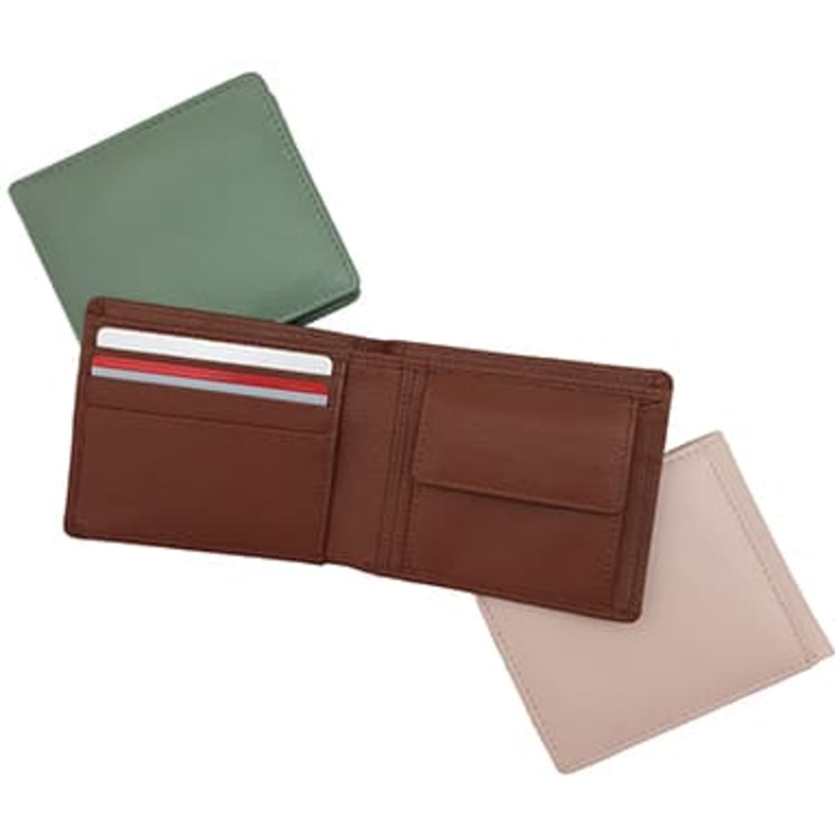 A premium leather wallet in brown, with green and beige wallets, featuring card slots and a coin purse compartment.