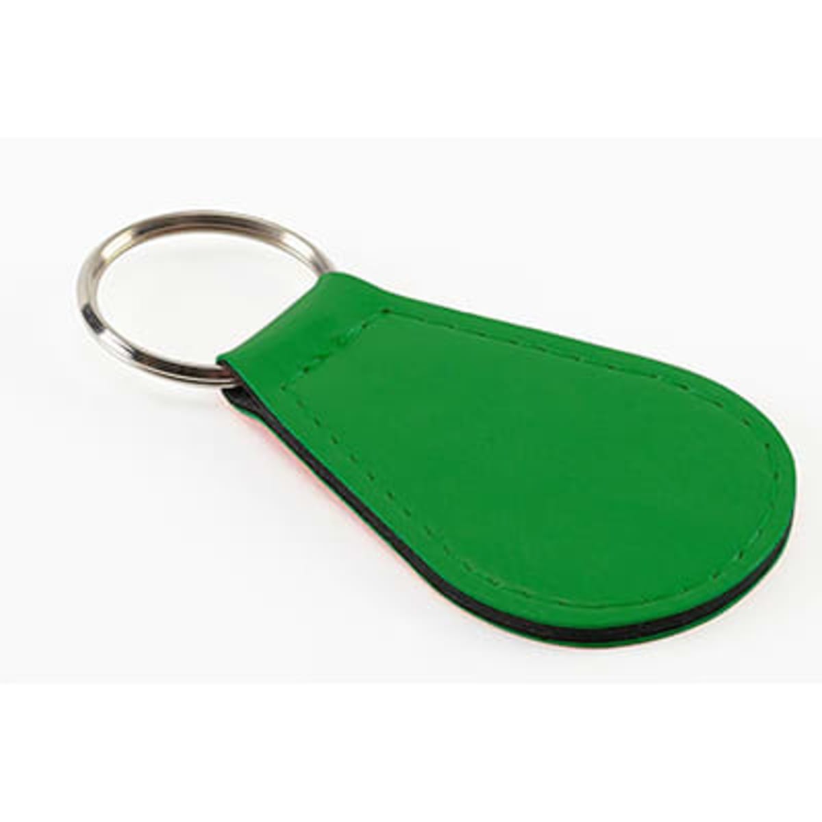 A vivid green tear drop key ring with a silver metal ring for attachment. Features a smooth leather-like finish.