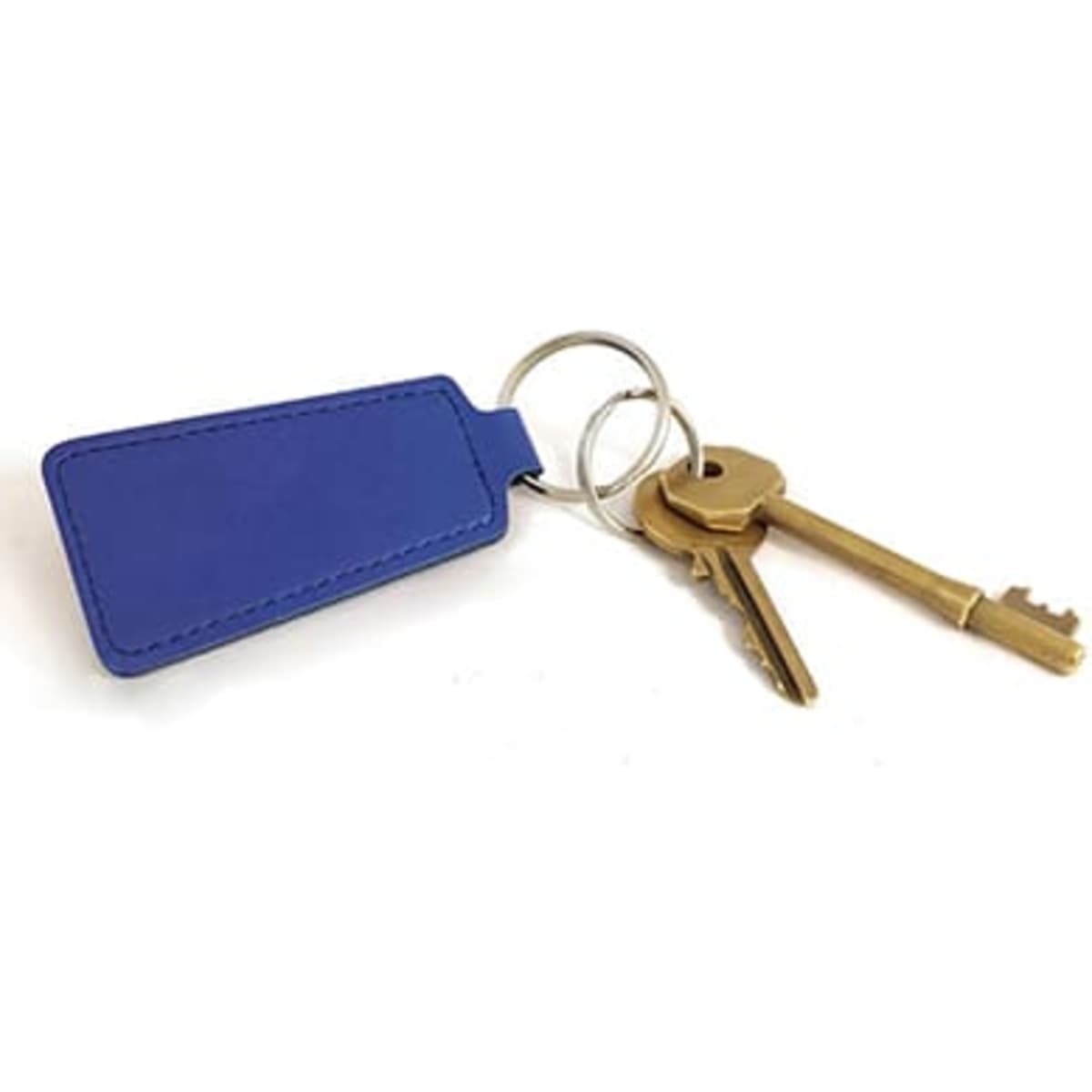 A blue trapeze key ring with silver key rings and two gold keys attached. It features a logo on the key ring.