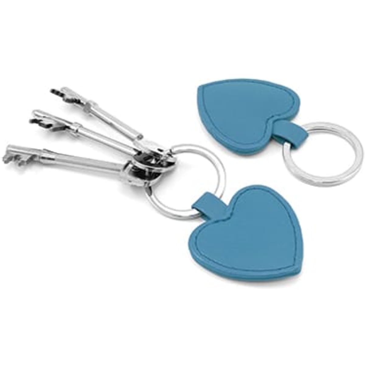 A key ring featuring a blue heart pendant attached to metal keys and a keyring. It has a sleek design.