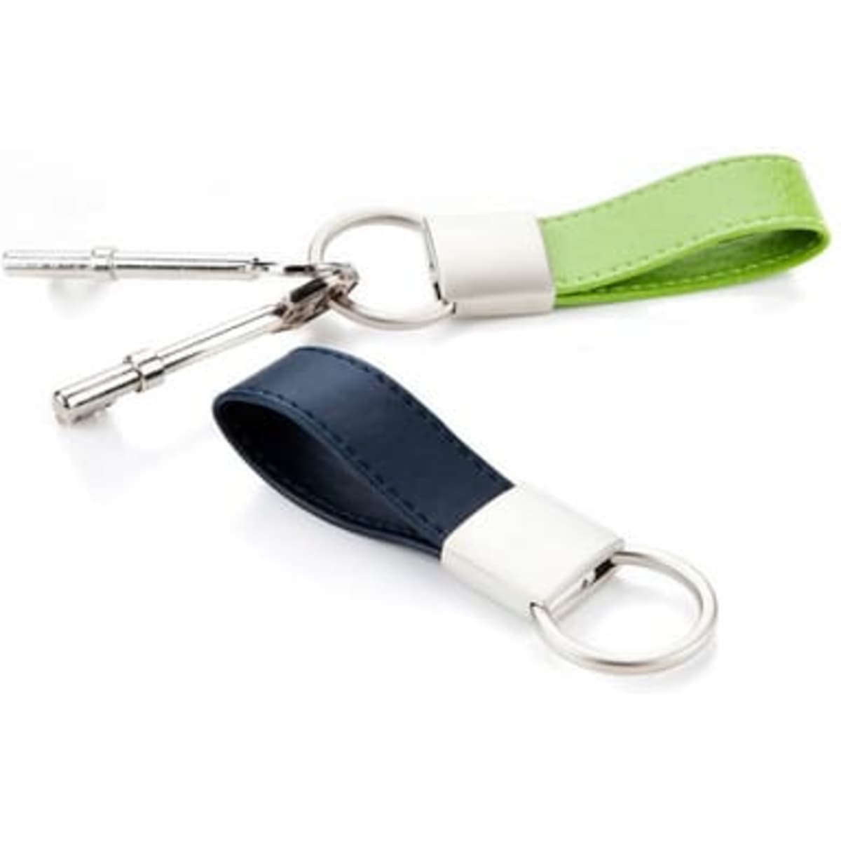 A green and navy blue mini loop key ring with a metal keychain and a sleek design.