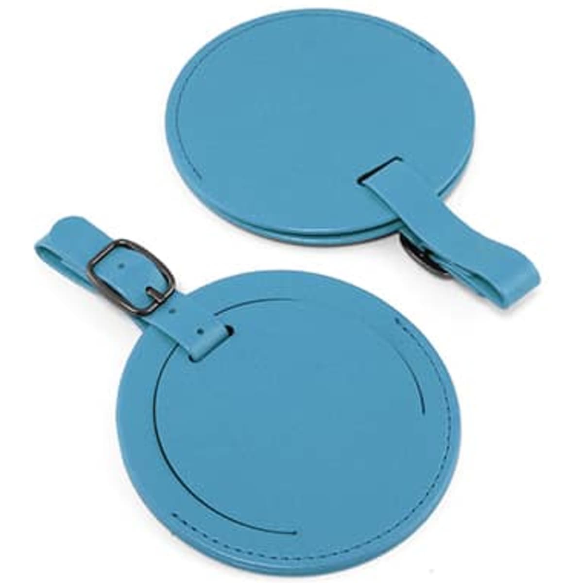 A round concealed luggage tag in a vibrant blue colour with a matching strap and buckle for attachment.