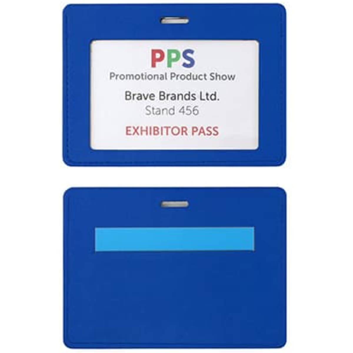 A blue ID card holder with a clear front pocket for badges and a secure slot for attachment.