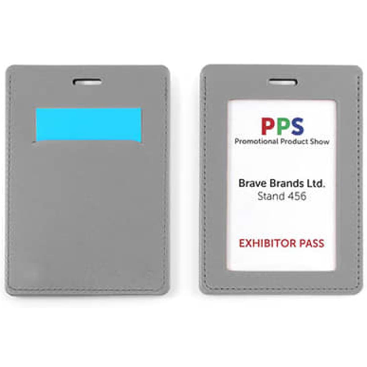 A grey ID card holder with a clear front for displaying badges and a blue slot for a card. Features a logo.