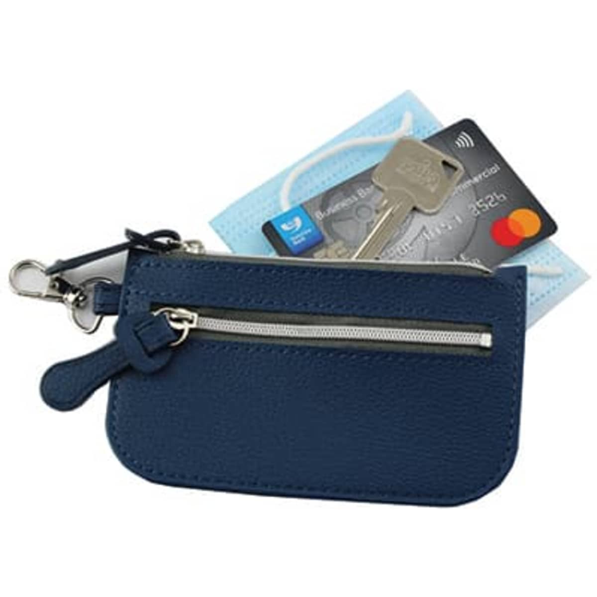 A navy blue zipper pouch containing keys and a credit card, featuring a small logo.