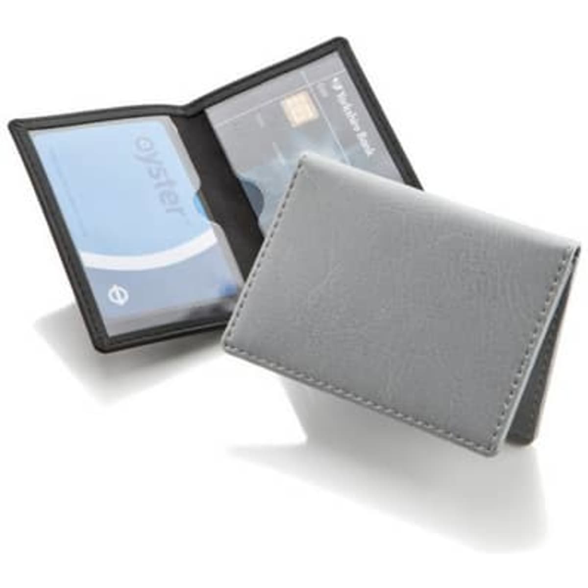 A grey card holder featuring clear pockets for cards, with a textured finish and a logo.