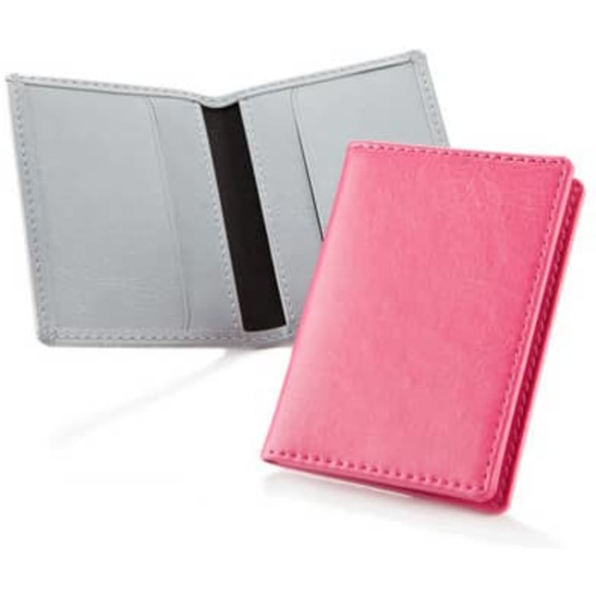 A pink and grey card holder with a smooth finish and an inner sleeve, featuring a logo.