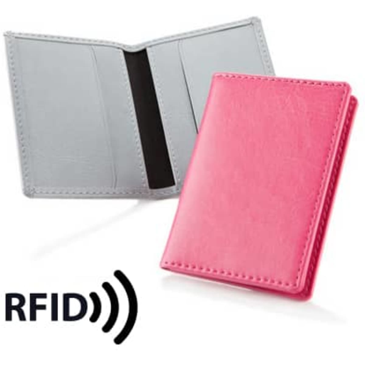 A pink card holder with RFID protection, featuring a grey interior and an empty pocket for cards.