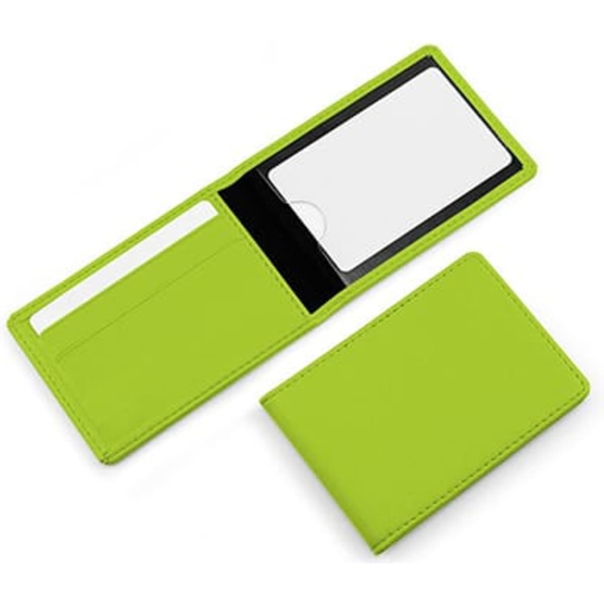 A vibrant green ID card wallet with an open flap displaying a clear slot and a card holder. It features a logo.
