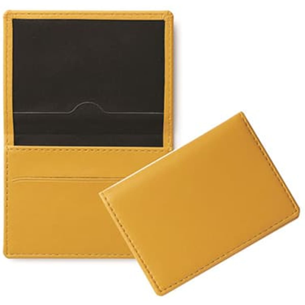 A yellow badge holder with a clear ID window and a pocket for cards, featuring a sleek design.