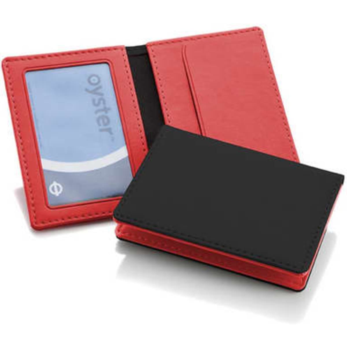 A red and black ID window card holder with a transparent slot for displaying cards and a secure pocket for storage.