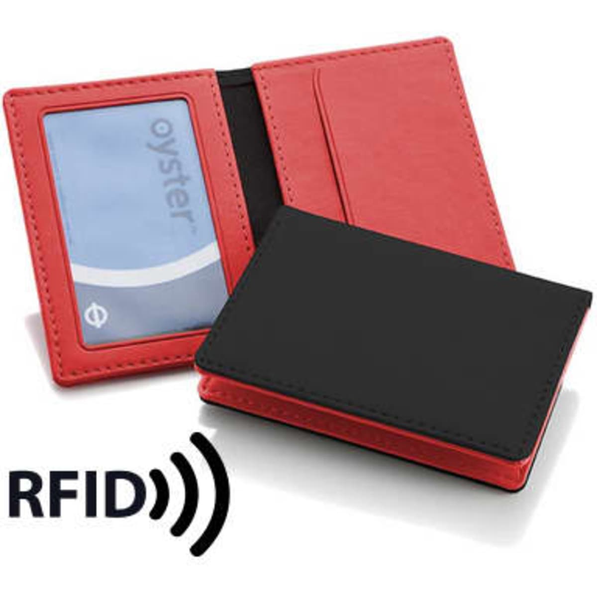A red and black ID window card holder featuring RFID protection and a clear pocket for card display.