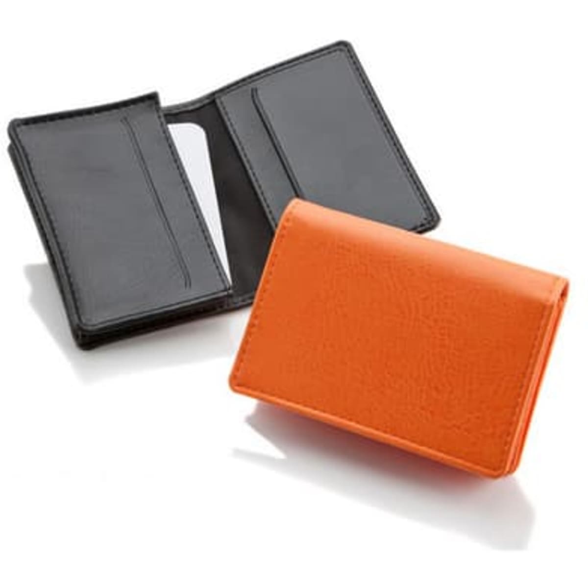 A vivid orange business card holder with a black interior, featuring space for cards and a logo.