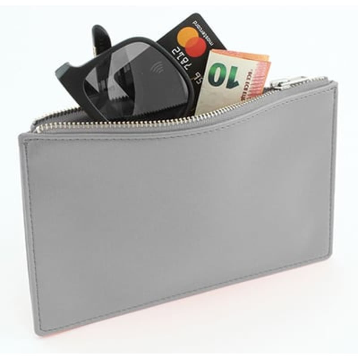 A grey zippered pouch with sunglasses, a credit card, and cash partially visible inside.