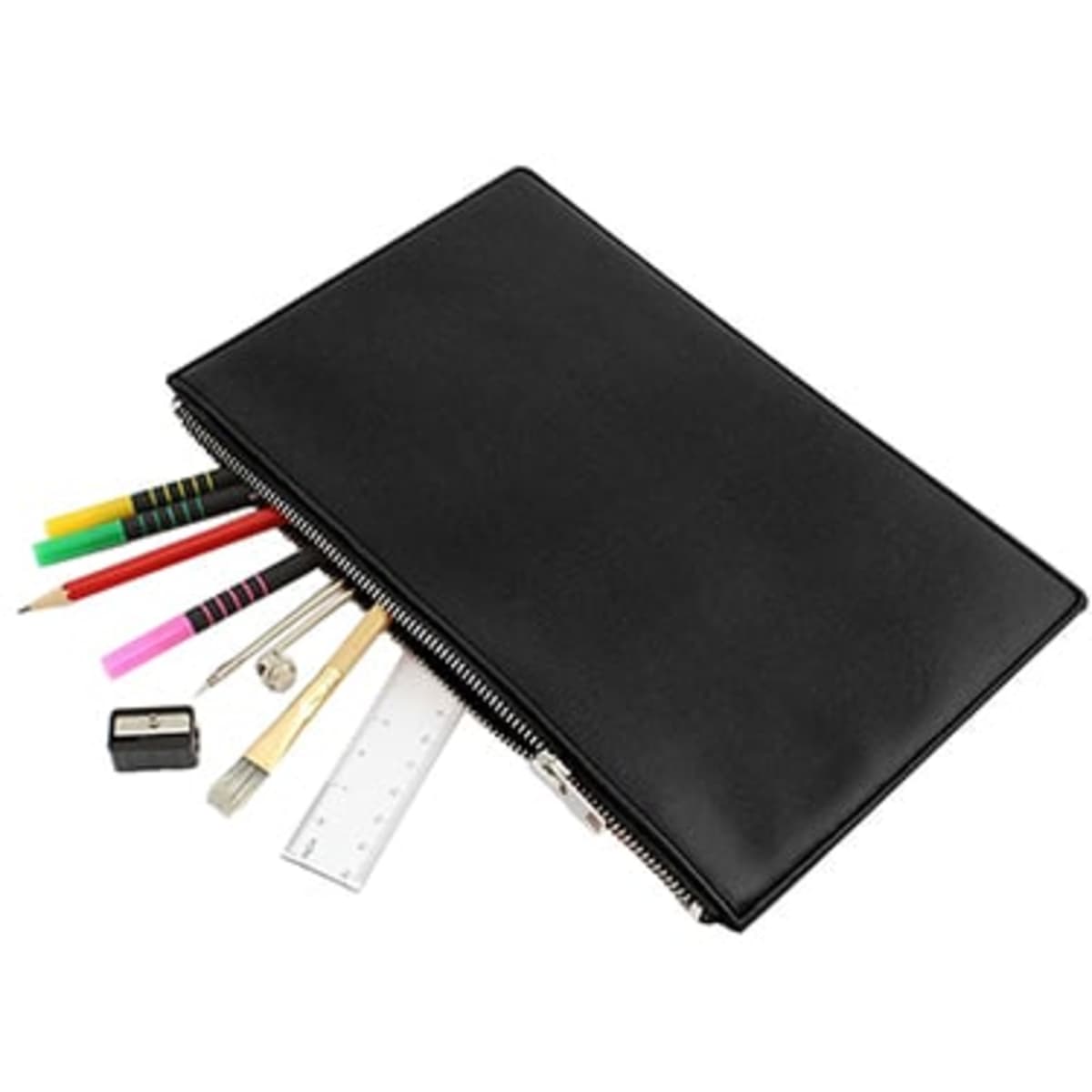 A black zippered pouch with various stationery items, including pens, pencils, a ruler, and a sharpener.