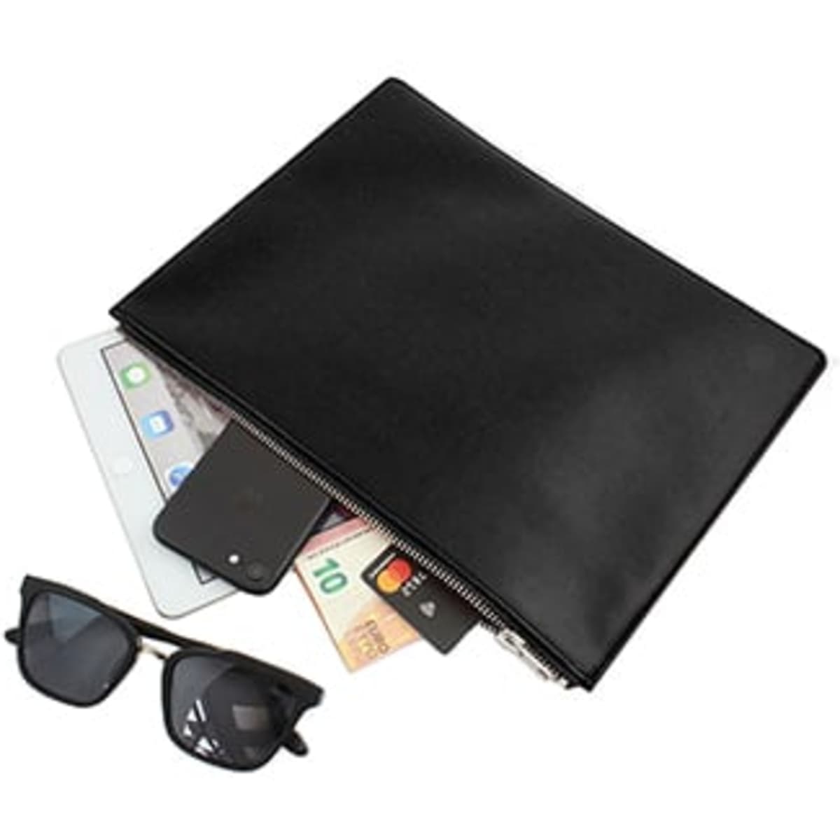 A black zippered pouch containing a phone, sunglasses, cards, and banknotes. It features a sleek, minimalist design.
