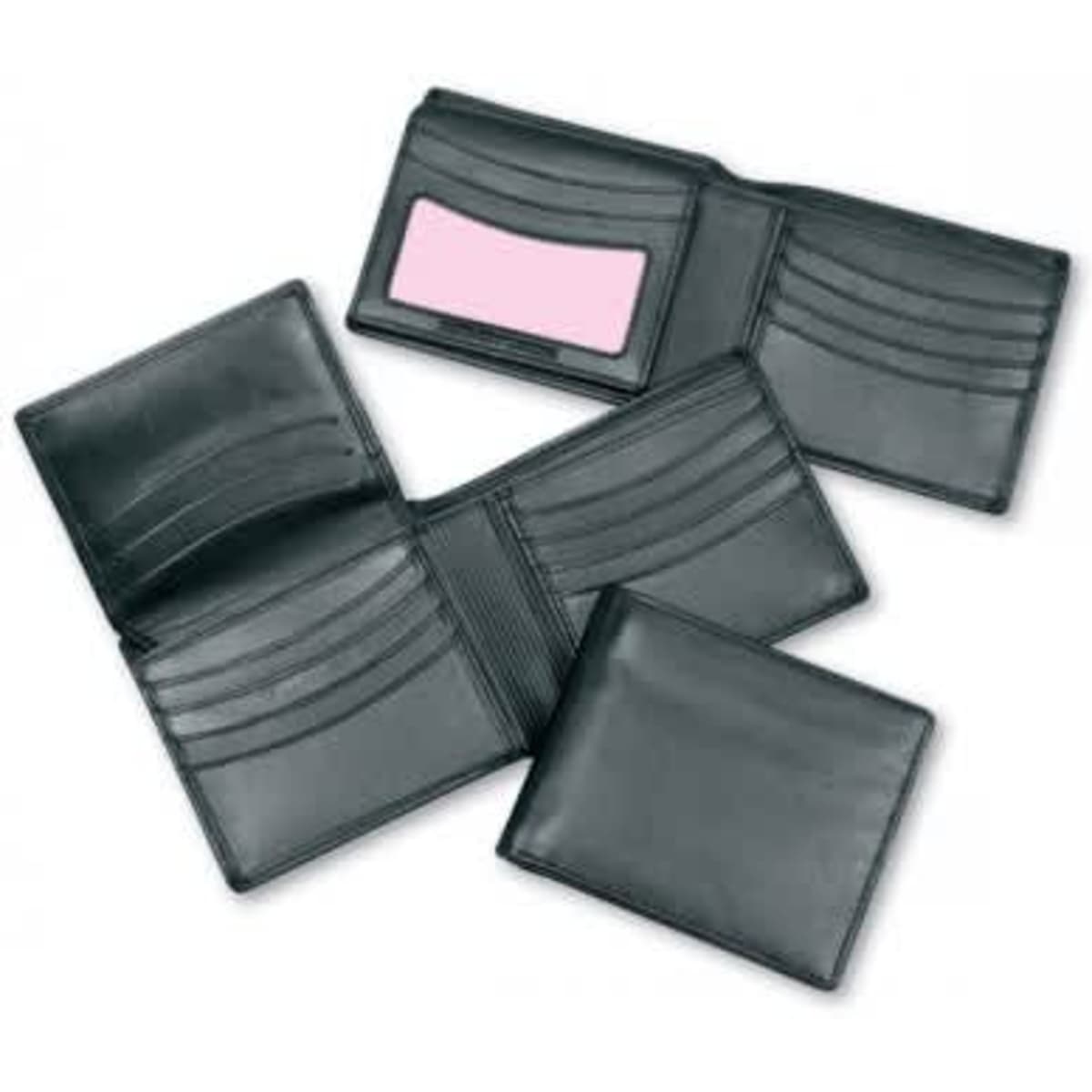 A black leather wallet with multiple card slots, an ID window, and RFID protection features. It has a sleek design and a logo.