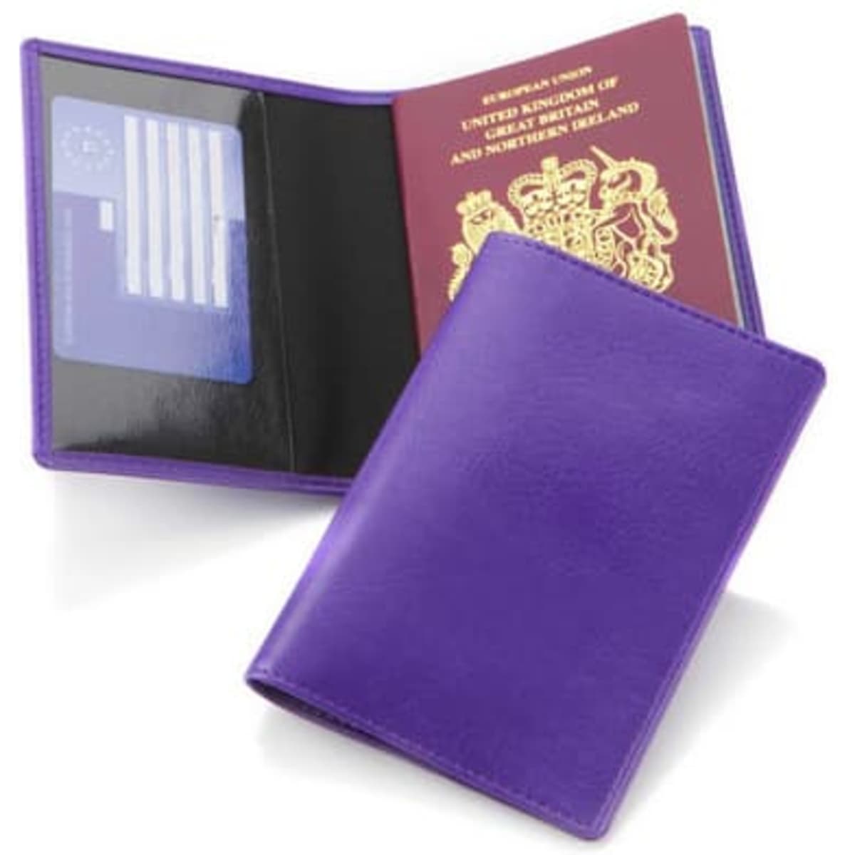 A purple passport wallet with a sleek design, featuring compartments for a passport and cards, including a branding logo.