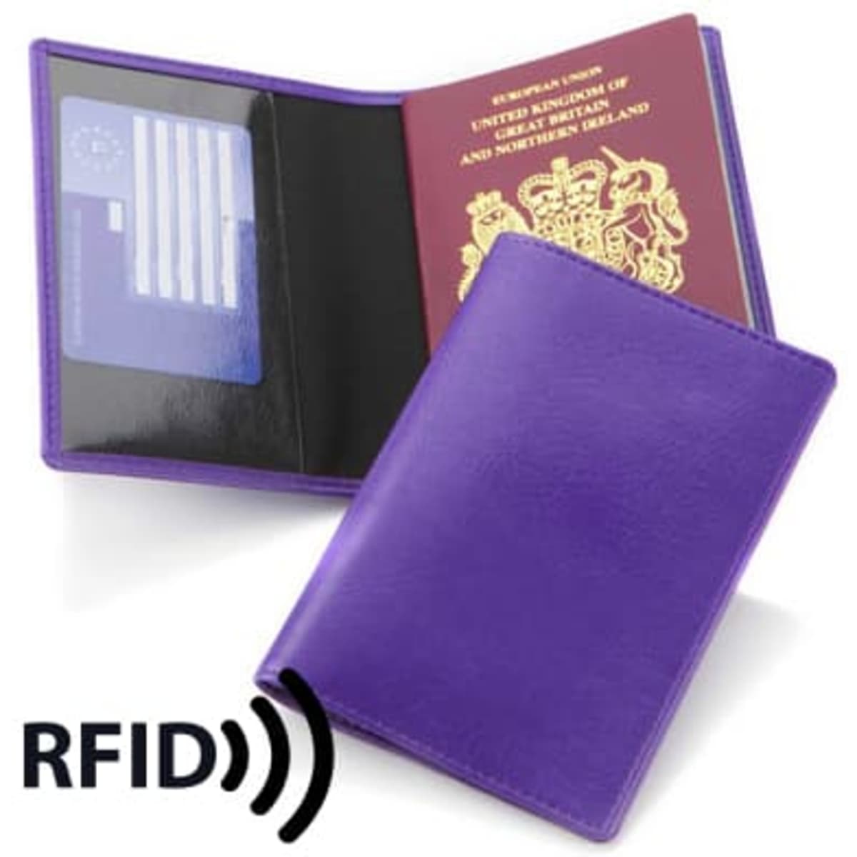 A purple passport wallet with RFID protection, featuring compartments for cards and a passport holder.