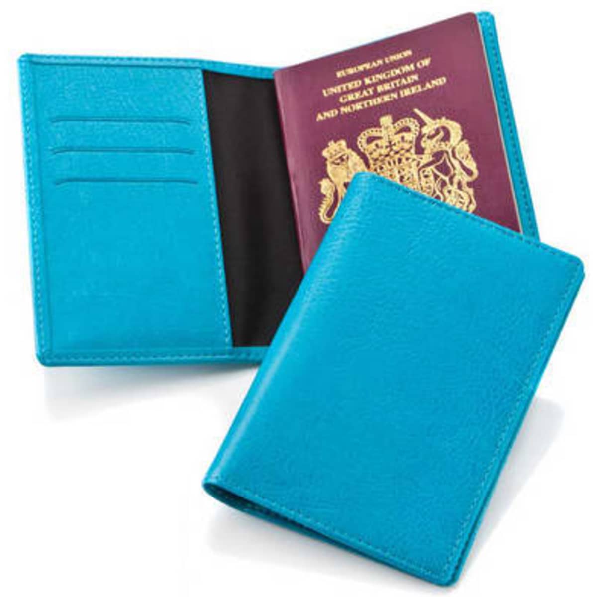 A turquoise passport wallet featuring card slots and a pocket for a passport, with a logo on its exterior.