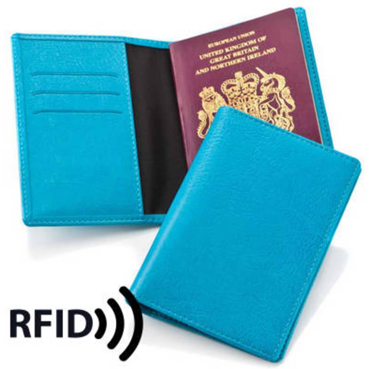 A vibrant turquoise passport wallet with RFID protection, featuring slots for cards and an opening for a passport.