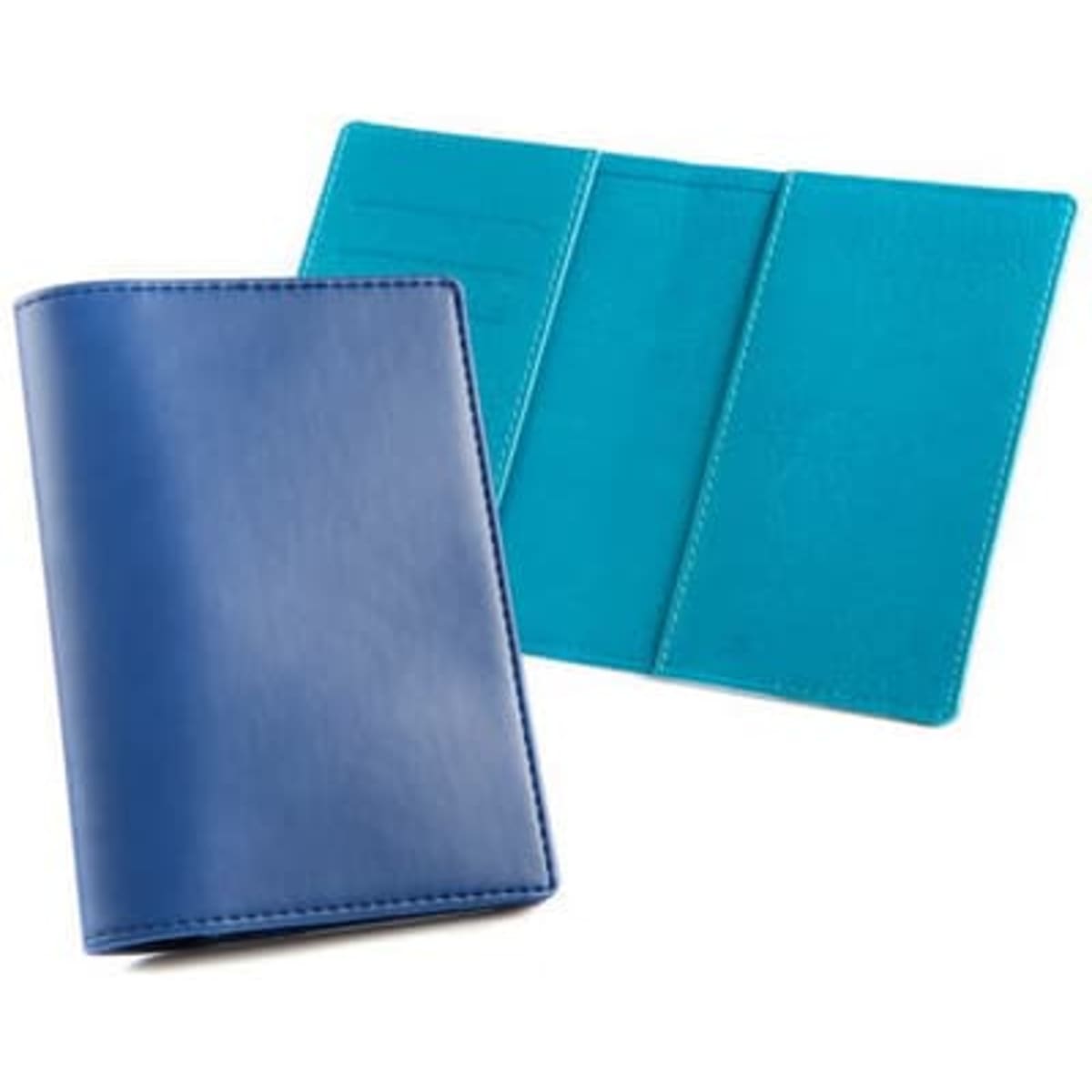 A blue passport wallet with a vibrant turquoise interior and card slots. It features a logo on the exterior.