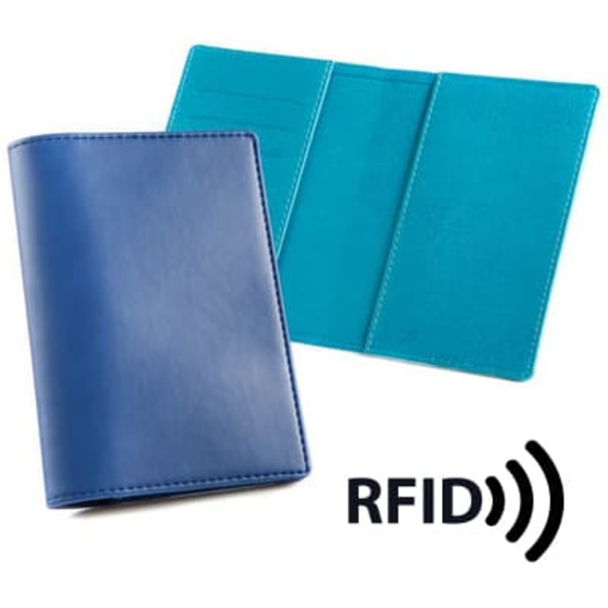 A blue passport wallet with RFID protection, featuring a turquoise interior and multiple card slots.