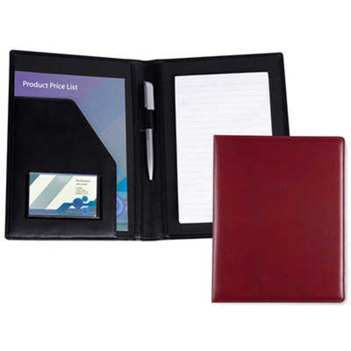 A black and red A5 compendium folder featuring a notepad, card pocket, pen holder, and a branding logo.