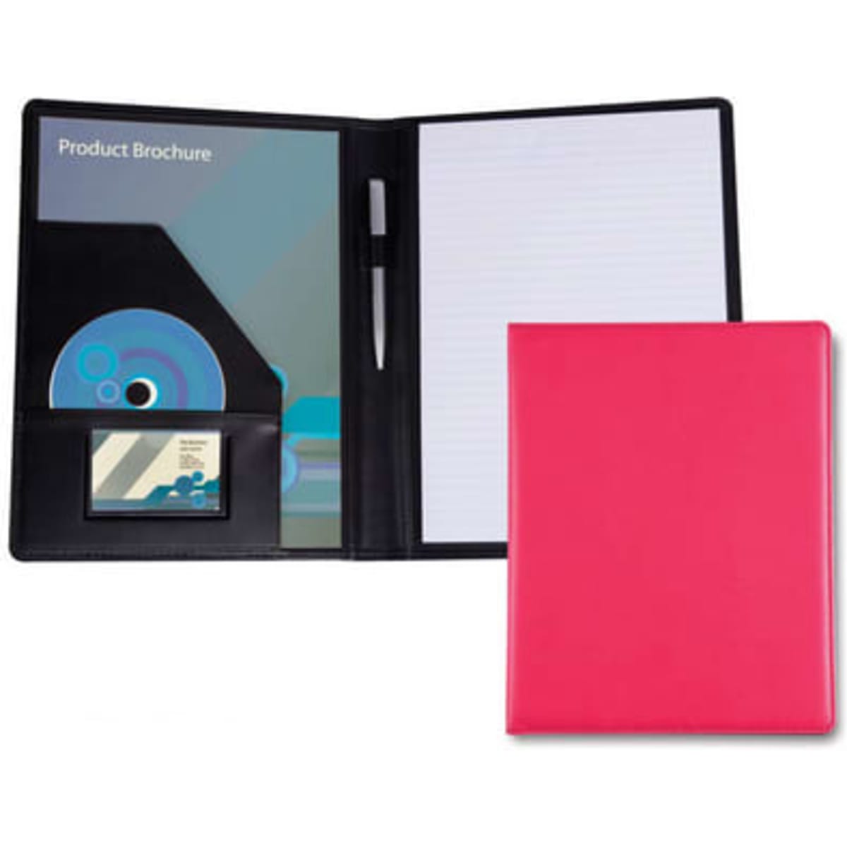 A vivid pink A4 compendium folder featuring a pocket for documents, a pen holder, and lined pages.