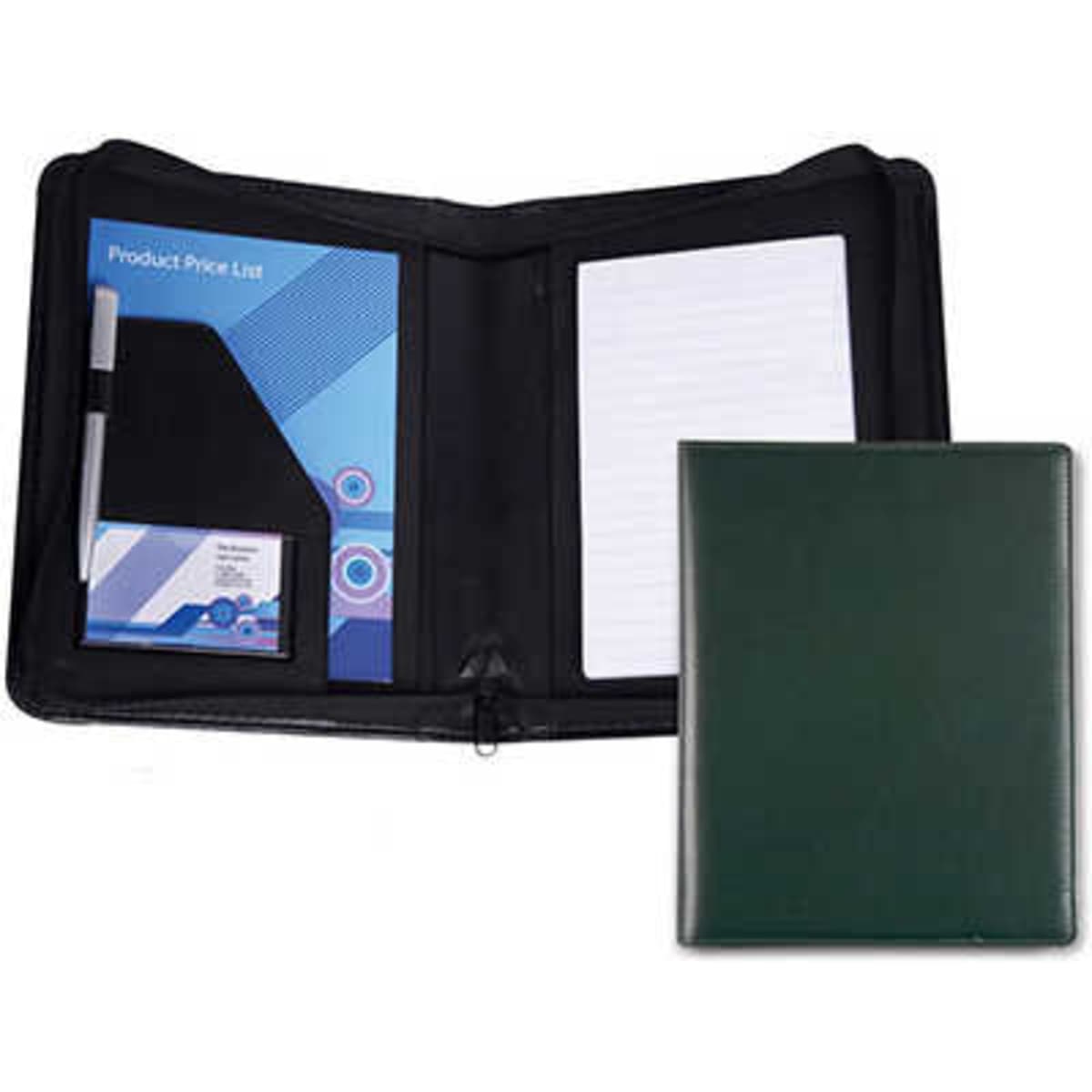 A Vivid A5 zippered compendium in green, featuring an interior pen holder, notepad, and card slots.