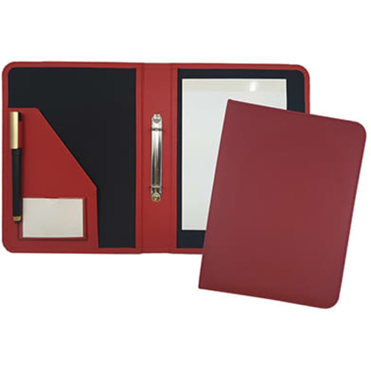 A red A5 ring compendium folder featuring a pen, a notepad, and card pockets inside.