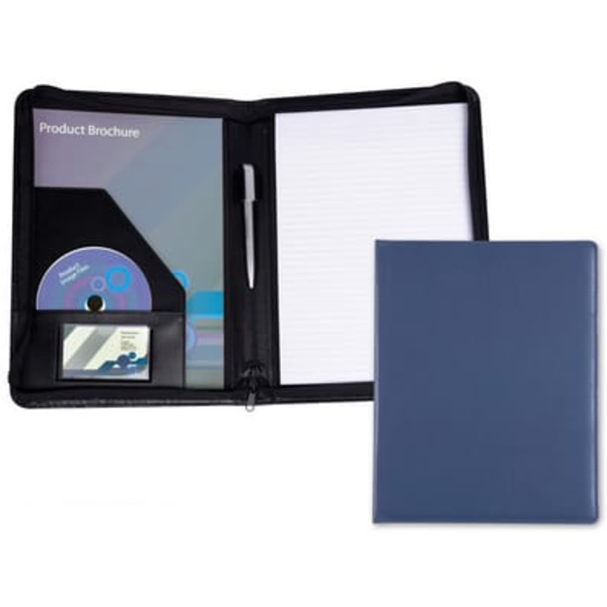 A navy zippered compendium featuring a notepad, pen, card holder, and a pocket for a disc.