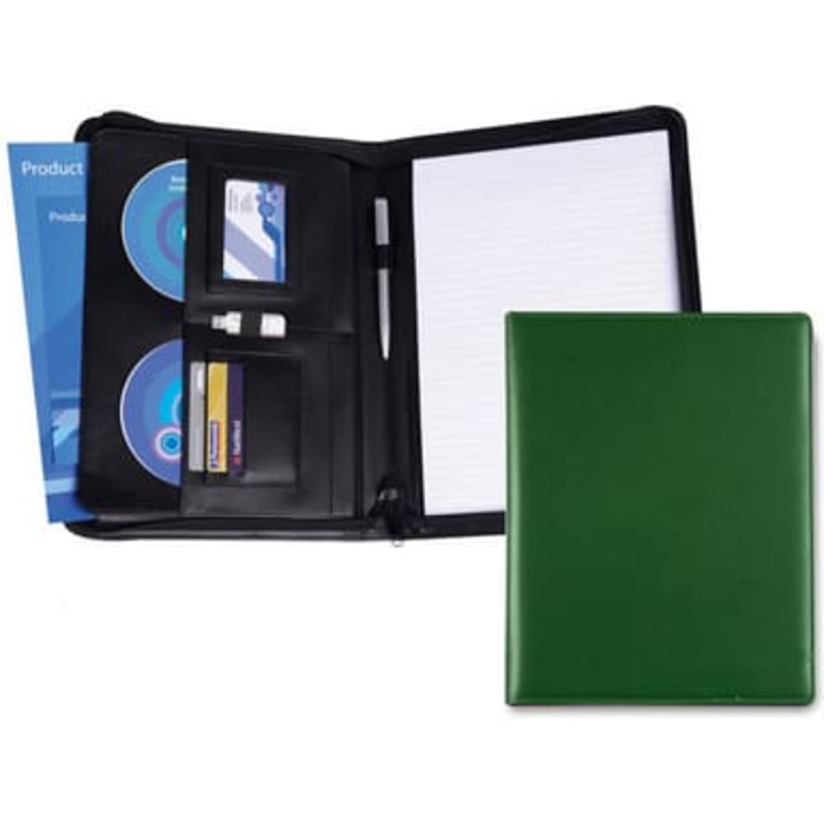 A green zippered compendium featuring storage for cards, CDs, a pen, and a notepad.