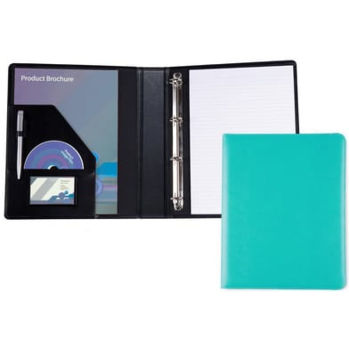 A teal A4 ring compendium folder with an inner pocket, pen, and lined paper. It features a logo on the cover.