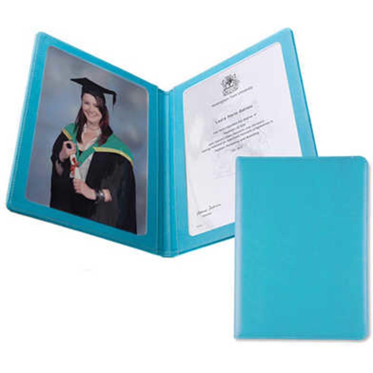 A turquoise A4 certificate holder featuring two pockets, one with a photo, and a smooth exterior finish.