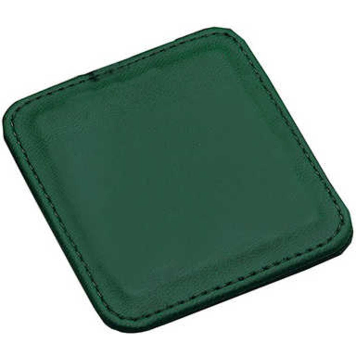 A green square coaster featuring a sleek design with stitched edges and a subtle sheen.
