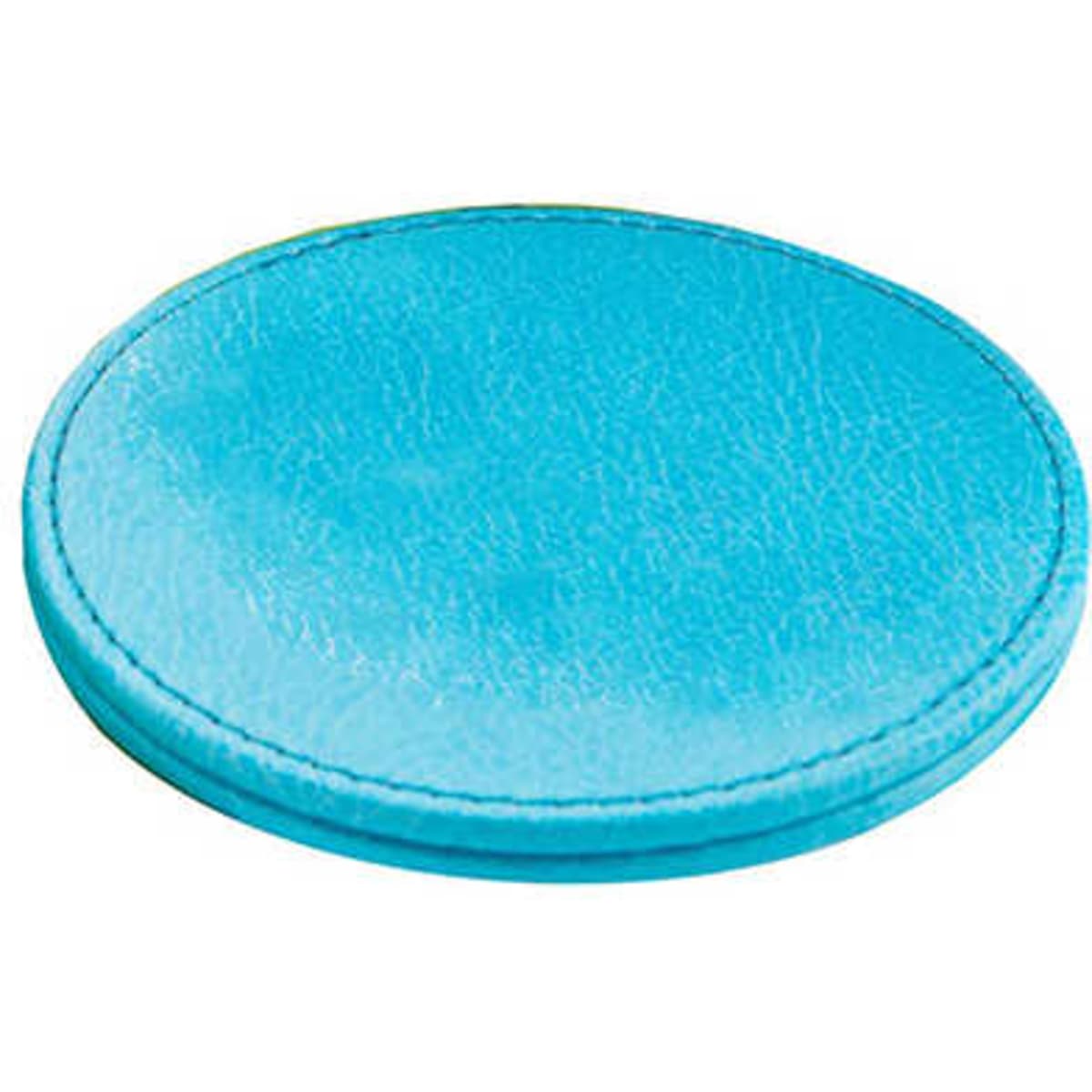 A round coaster in vibrant turquoise with a smooth finish and stitched edges, featuring a logo.