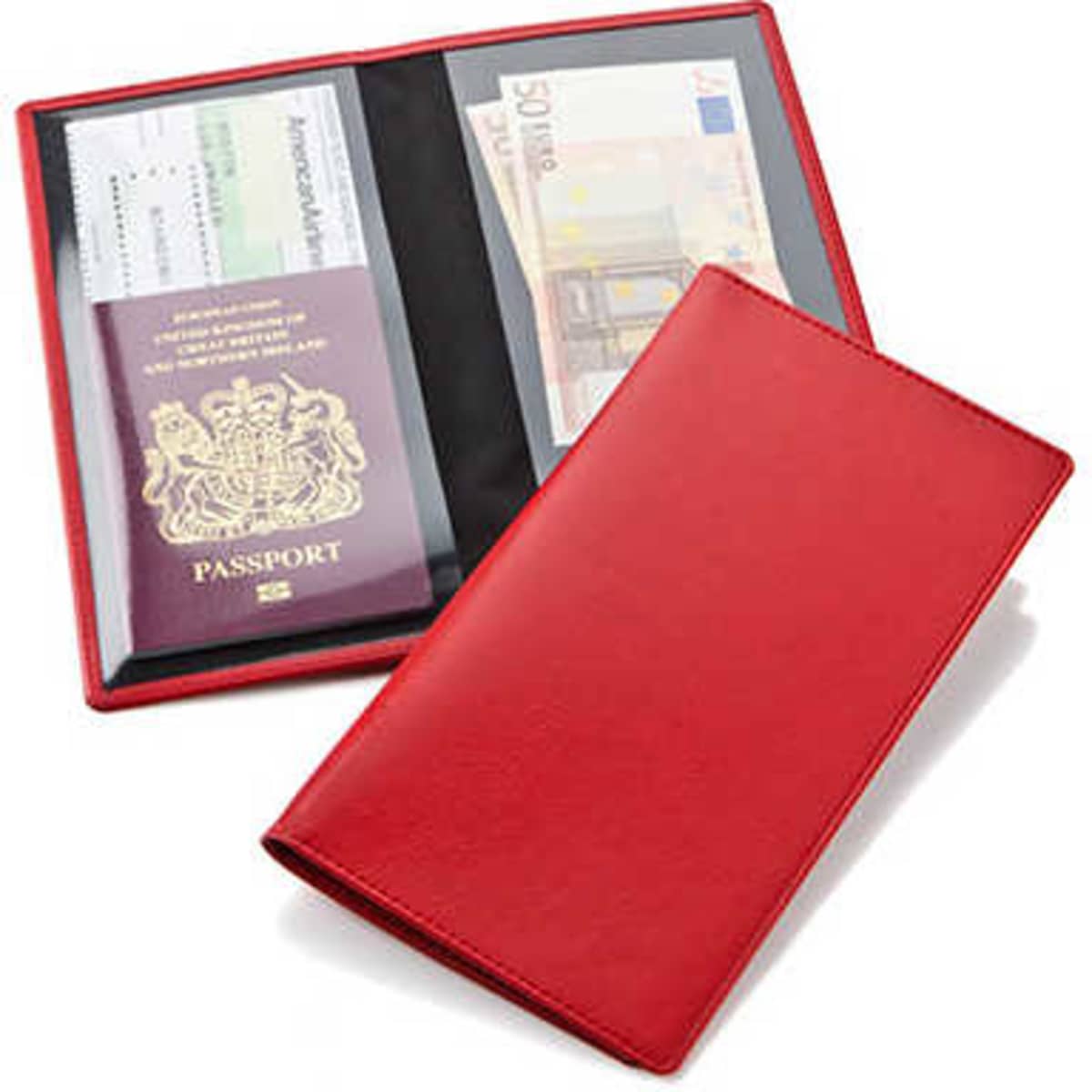 A red travel wallet with slots for a passport and currency, featuring a logo on the front.